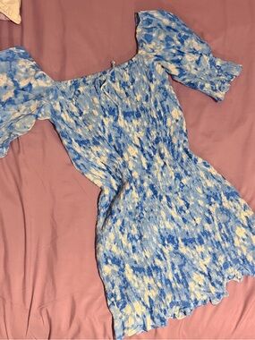 Faithfull the Brand Blue & White Cloud-Print Smocked Skirt
